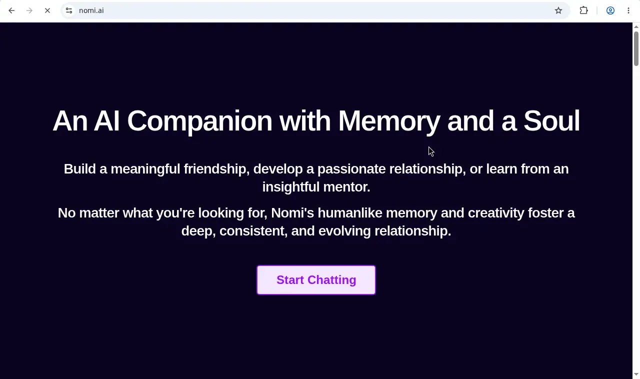 Nomi AI home page, an AI companion with memory and a soul, with a Start Chatting button