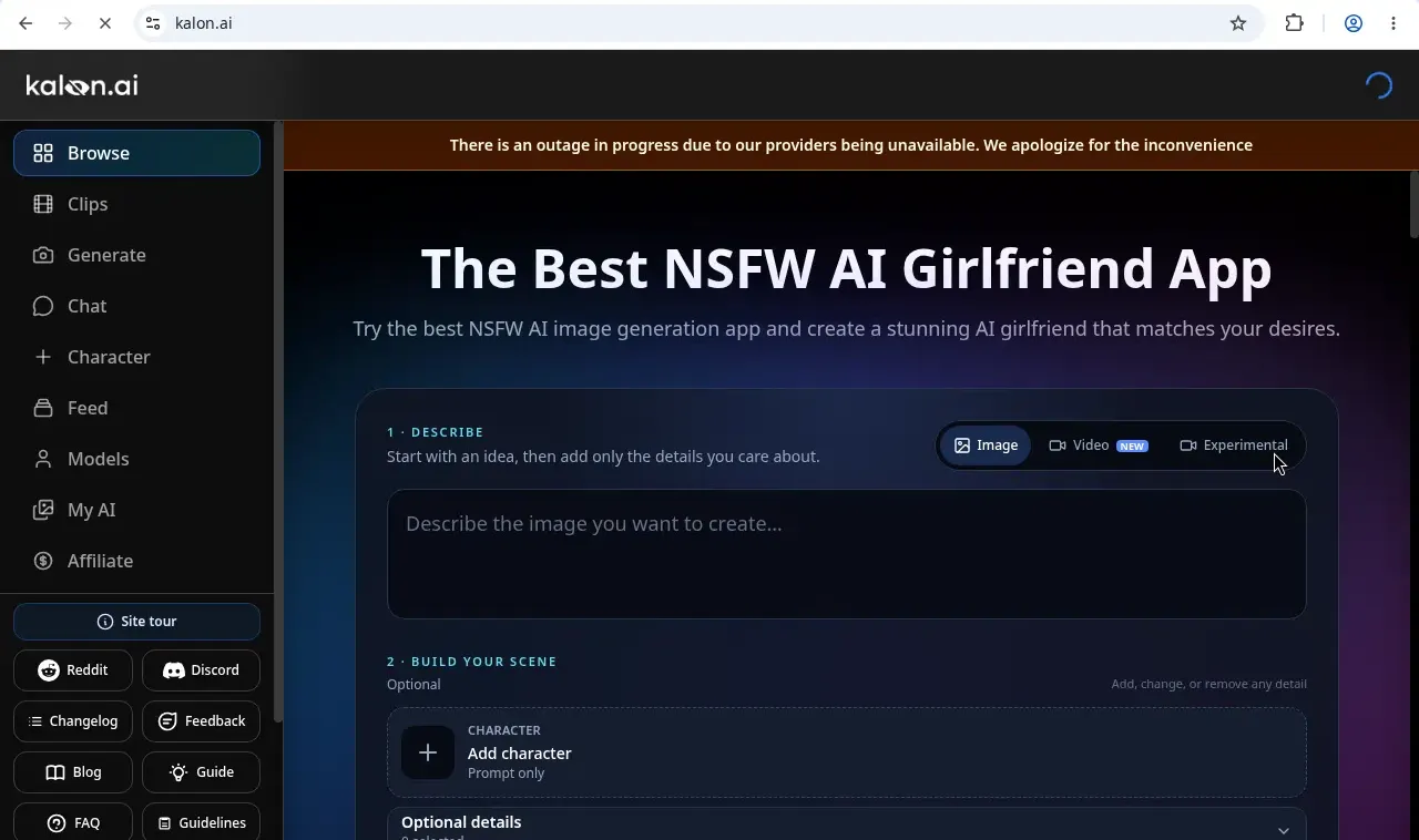 Kalon AI home page, an NSFW generator with image, video and experimental modes