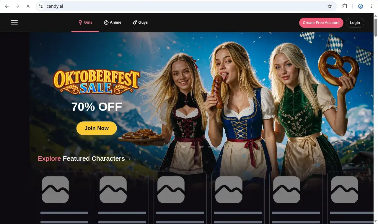 Candy AI home page running a 70 percent off Oktoberfest sale with Girls, Anime and Guys tabs