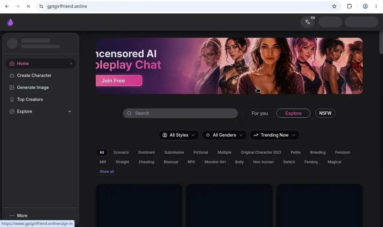 GPTGirlfriend Online home page, Uncensored AI Roleplay Chat, with a Join Free button and many tags