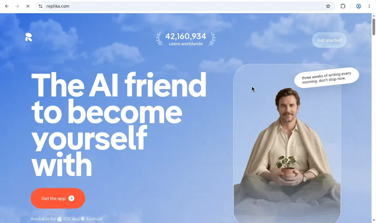 Replika home page, the AI friend to become yourself with, 42 million users worldwide