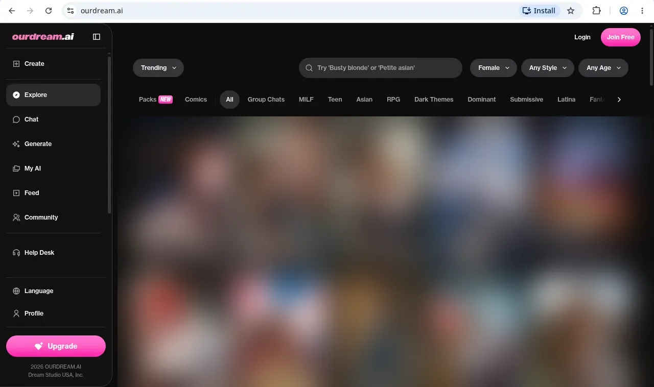 OurDream AI explore page with trending characters, a blurred grid and category tabs