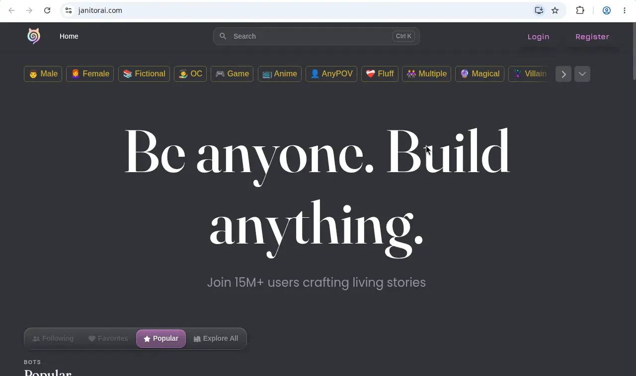Janitor AI home page, Be anyone Build anything, 15 million users crafting living stories
