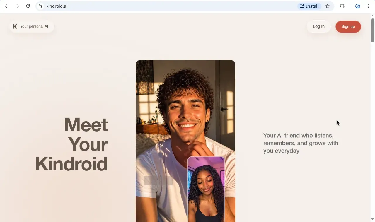Kindroid home page, Meet Your Kindroid, an AI friend who listens, remembers and grows with you