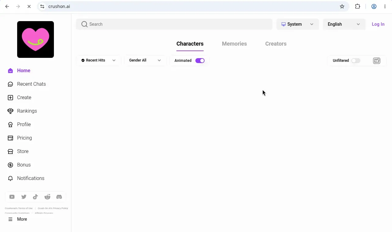 CrushOn AI home page with Characters, Memories and Creators tabs and an Unfiltered toggle